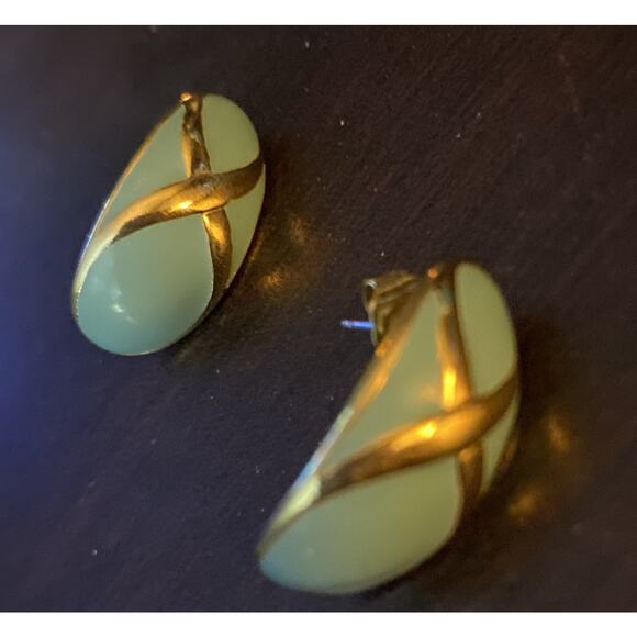 Vintage Goldtone Post Earrings Teal Accents Pierced Ears - Picture 3 of 4